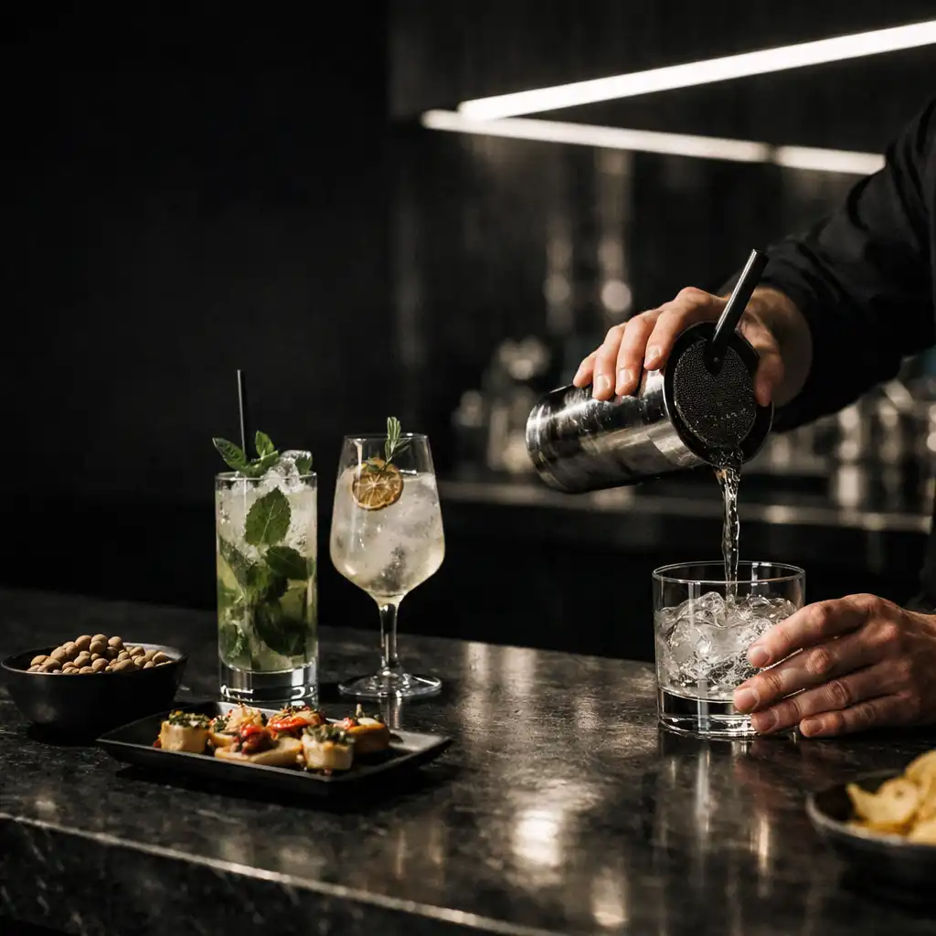 Barman przygotowujący napój przy ciemnym barze lounge