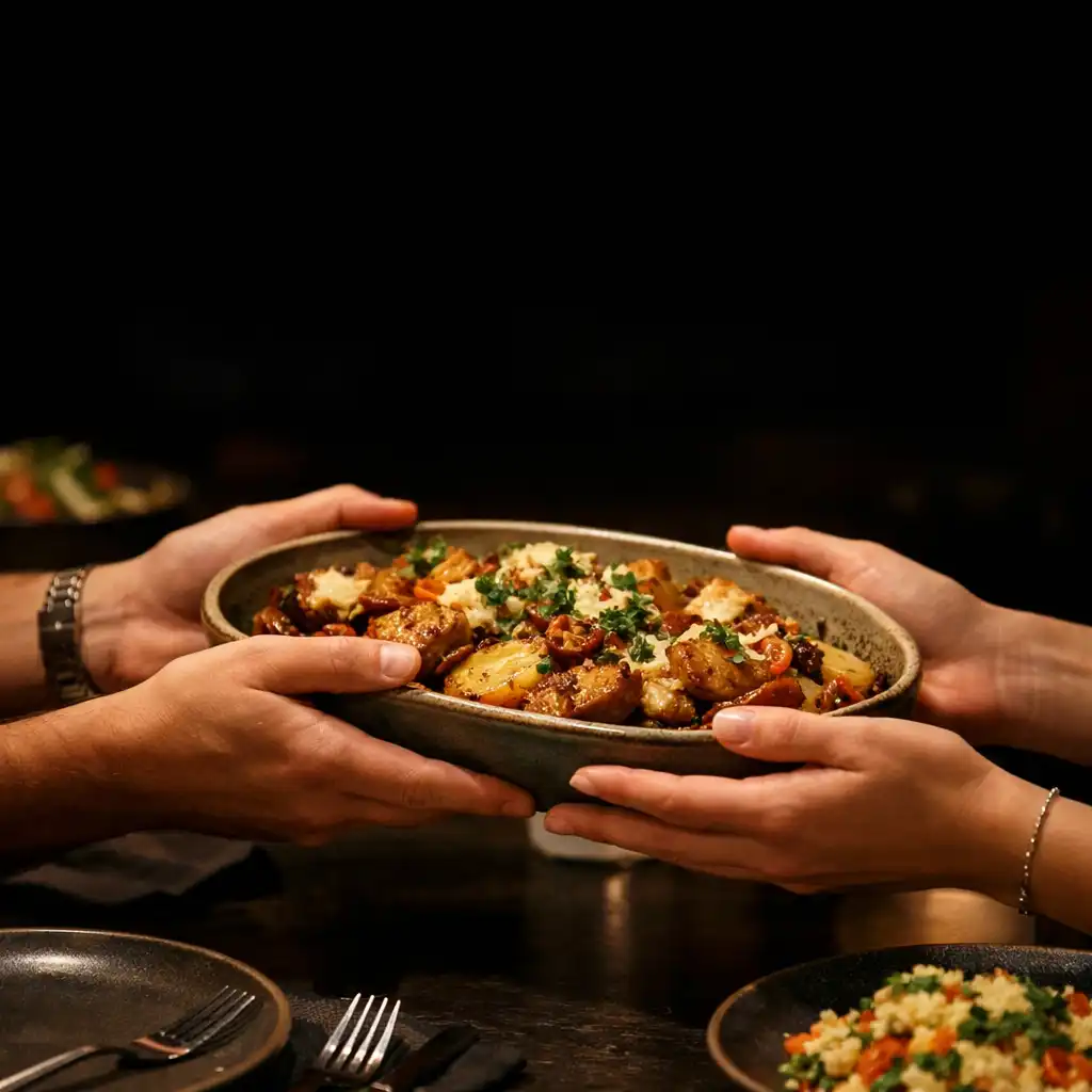 Dłonie przekazujące półmisek z daniem przy restauracyjnym stole