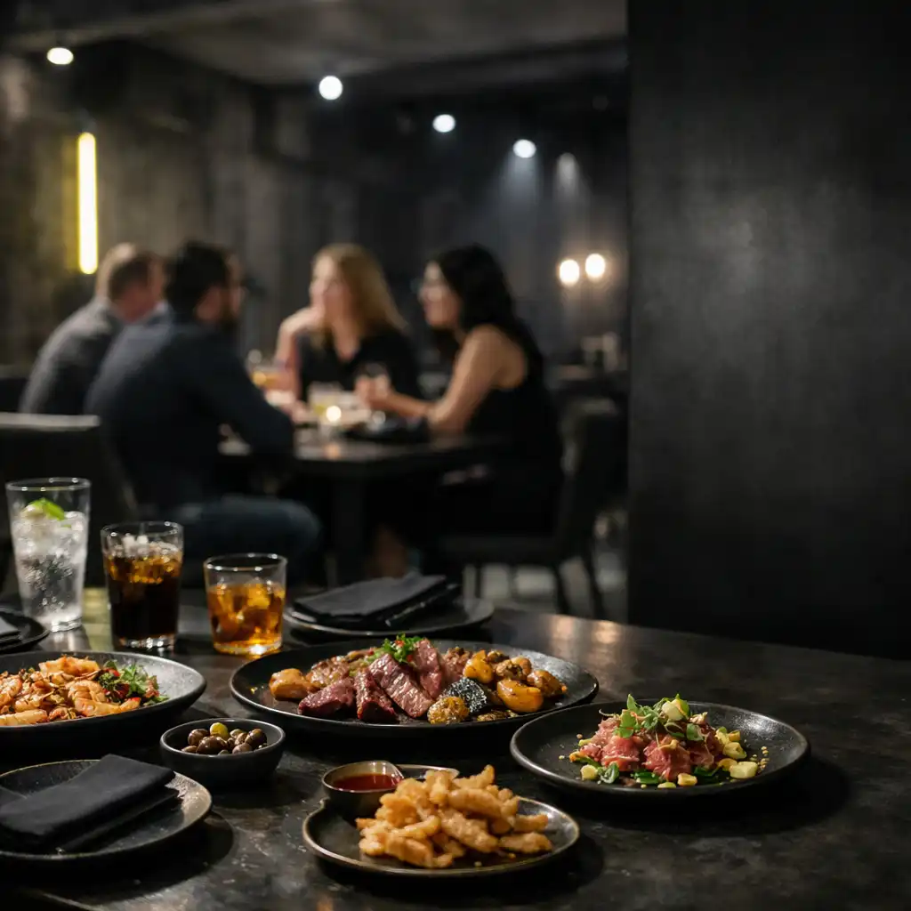 Restauracyjny stół z talerzami do dzielenia i napojami przed wieczornym programem