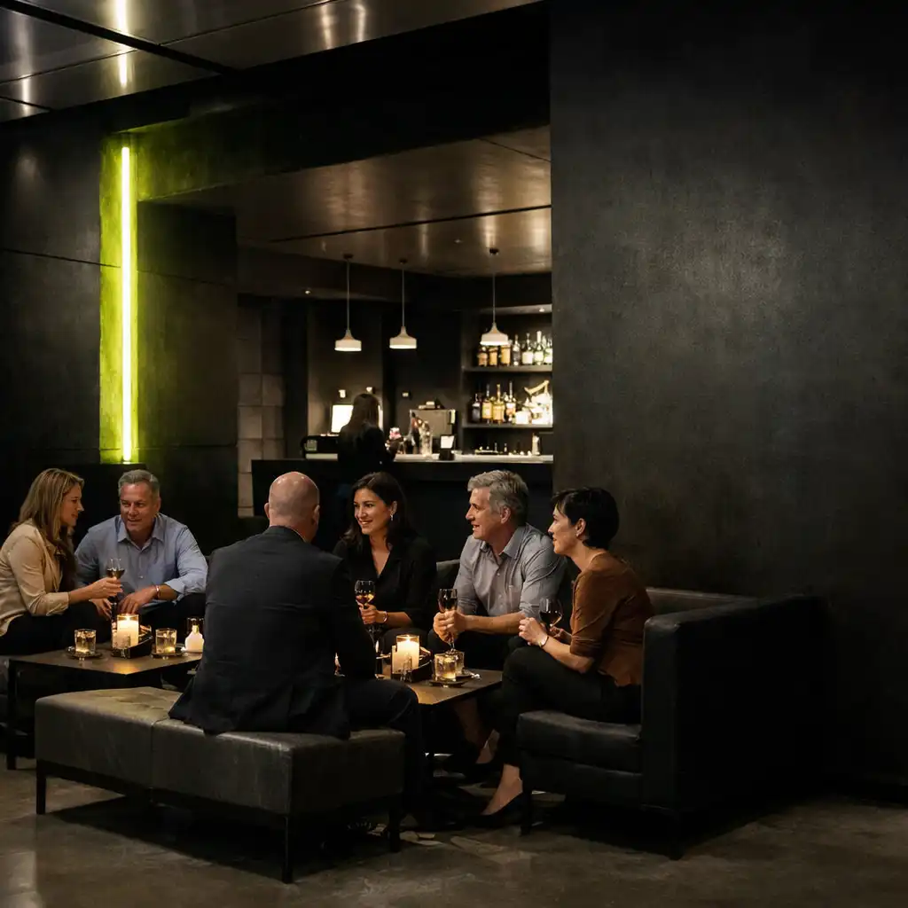 Goście rozmawiający w spokojnej strefie lounge po wspólnym stole