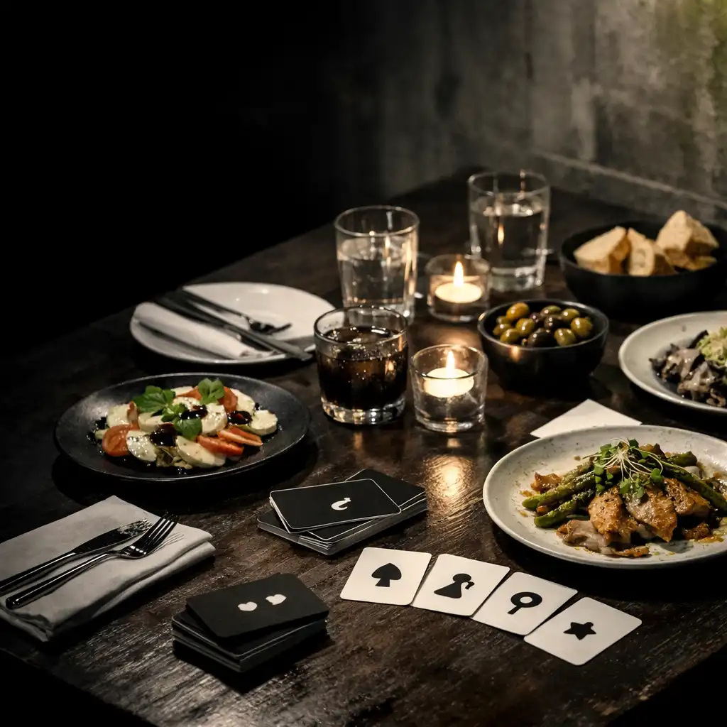 Wieczorny restauracyjny stół z talerzami, napojami i miejscem dla małej grupy