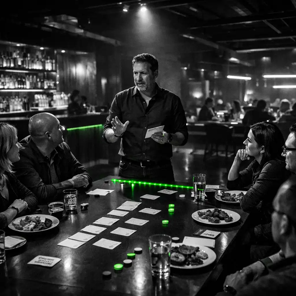Goście przy długim stole w nocnej restauracji podczas prowadzonego spotkania